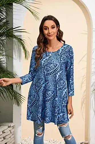ENMAIN Women's Tops 3/4 Sleeve Dressy Casual Plus Size Tunic Tops to Wear with Leggings Swing Flare T-Shirt Loose Fit Blouses - MODAZONE (1)