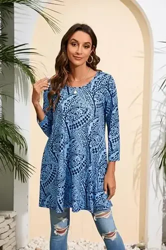 ENMAIN Women's Tops 3/4 Sleeve Dressy Casual Plus Size Tunic Tops to Wear with Leggings Swing Flare T-Shirt Loose Fit Blouses - 4
