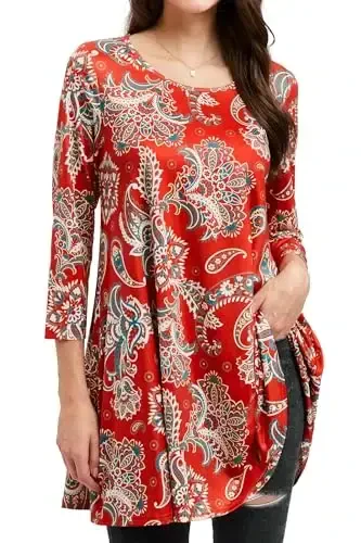 ENMAIN Women's Tops 3/4 Sleeve Dressy Casual Plus Size Tunic Tops to Wear with Leggings Swing Flare T-Shirt Loose Fit Blouses - MODAZONE