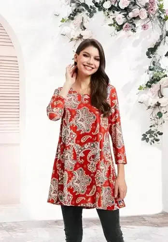 ENMAIN Women's Tops 3/4 Sleeve Dressy Casual Plus Size Tunic Tops to Wear with Leggings Swing Flare T-Shirt Loose Fit Blouses - 2