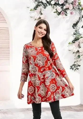 ENMAIN Women's Tops 3/4 Sleeve Dressy Casual Plus Size Tunic Tops to Wear with Leggings Swing Flare T-Shirt Loose Fit Blouses - 3