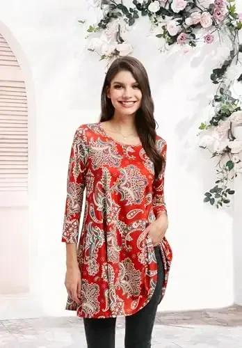 ENMAIN Women's Tops 3/4 Sleeve Dressy Casual Plus Size Tunic Tops to Wear with Leggings Swing Flare T-Shirt Loose Fit Blouses - 4