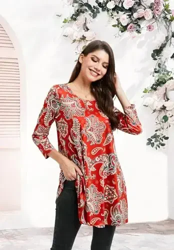 ENMAIN Women's Tops 3/4 Sleeve Dressy Casual Plus Size Tunic Tops to Wear with Leggings Swing Flare T-Shirt Loose Fit Blouses - 5