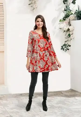 ENMAIN Women's Tops 3/4 Sleeve Dressy Casual Plus Size Tunic Tops to Wear with Leggings Swing Flare T-Shirt Loose Fit Blouses - 6