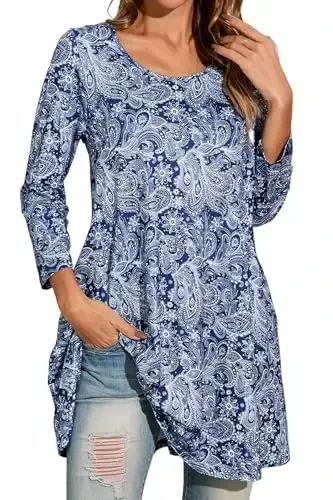 ENMAIN Women's Tops 3/4 Sleeve Dressy Casual Plus Size Tunic Tops to Wear with Leggings Swing Flare T-Shirt Loose Fit Blouses - MODAZONE