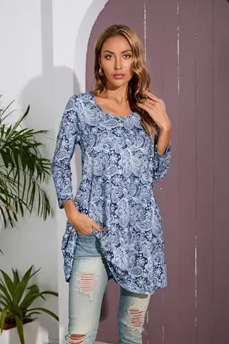 ENMAIN Women's Tops 3/4 Sleeve Dressy Casual Plus Size Tunic Tops to Wear with Leggings Swing Flare T-Shirt Loose Fit Blouses - MODAZONE (1)