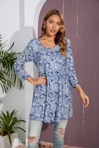 ENMAIN Women's Tops 3/4 Sleeve Dressy Casual Plus Size Tunic Tops to Wear with Leggings Swing Flare T-Shirt Loose Fit Blouses - 3