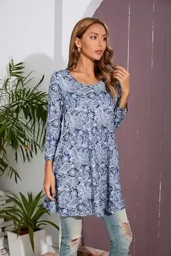ENMAIN Women's Tops 3/4 Sleeve Dressy Casual Plus Size Tunic Tops to Wear with Leggings Swing Flare T-Shirt Loose Fit Blouses - 4