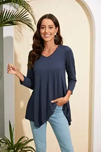 ENMAIN Women's Tops 3/4 Sleeve Dressy Casual Plus Size Tunic Tops to Wear with Leggings Swing Flare T-Shirt Loose Fit Blouses - MODAZONE (1)