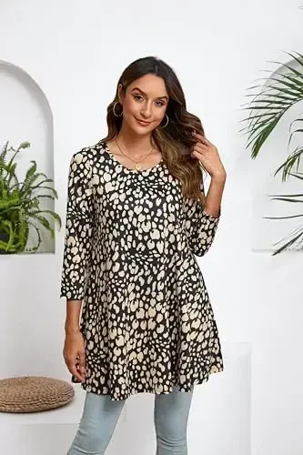ENMAIN Women's Tops 3/4 Sleeve Dressy Casual Plus Size Tunic Tops to Wear with Leggings Swing Flare T-Shirt Loose Fit Blouses - 3