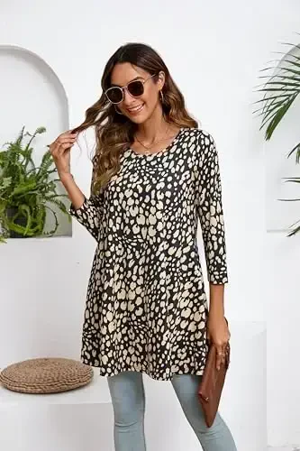 ENMAIN Women's Tops 3/4 Sleeve Dressy Casual Plus Size Tunic Tops to Wear with Leggings Swing Flare T-Shirt Loose Fit Blouses - 5