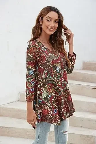 ENMAIN Women's Tops 3/4 Sleeve Dressy Casual Plus Size Tunic Tops to Wear with Leggings Swing Flare T-Shirt Loose Fit Blouses - MODAZONE (1)