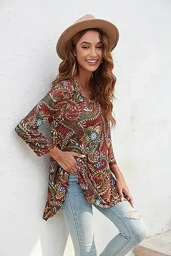 ENMAIN Women's Tops 3/4 Sleeve Dressy Casual Plus Size Tunic Tops to Wear with Leggings Swing Flare T-Shirt Loose Fit Blouses - 5