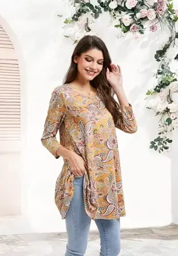 ENMAIN Women's Tops 3/4 Sleeve Dressy Casual Plus Size Tunic Tops to Wear with Leggings Swing Flare T-Shirt Loose Fit Blouses - 5