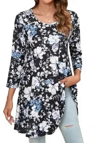 ENMAIN Women's Tops 3/4 Sleeve Dressy Casual Plus Size Tunic Tops to Wear with Leggings Swing Flare T-Shirt Loose Fit Blouses - 1