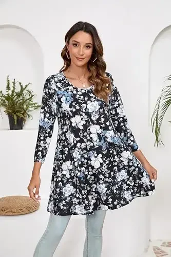 ENMAIN Women's Tops 3/4 Sleeve Dressy Casual Plus Size Tunic Tops to Wear with Leggings Swing Flare T-Shirt Loose Fit Blouses - 3