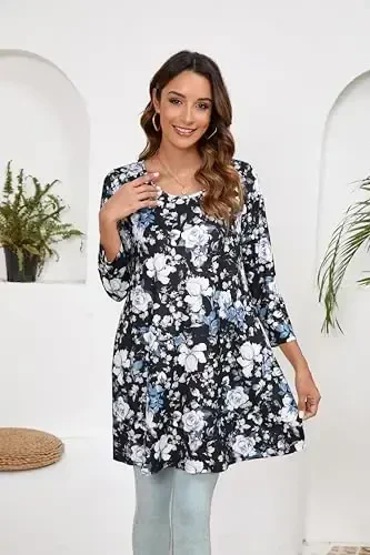 ENMAIN Women's Tops 3/4 Sleeve Dressy Casual Plus Size Tunic Tops to Wear with Leggings Swing Flare T-Shirt Loose Fit Blouses - 4