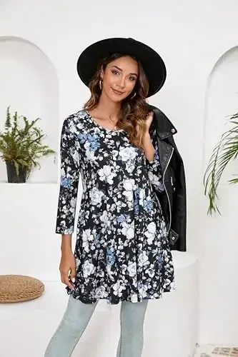 ENMAIN Women's Tops 3/4 Sleeve Dressy Casual Plus Size Tunic Tops to Wear with Leggings Swing Flare T-Shirt Loose Fit Blouses - 5