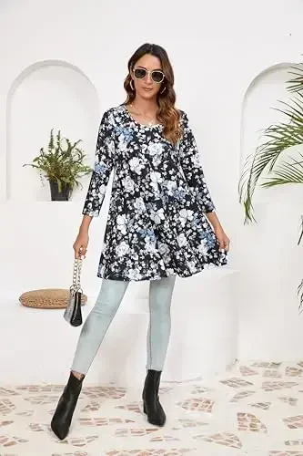 ENMAIN Women's Tops 3/4 Sleeve Dressy Casual Plus Size Tunic Tops to Wear with Leggings Swing Flare T-Shirt Loose Fit Blouses - 6