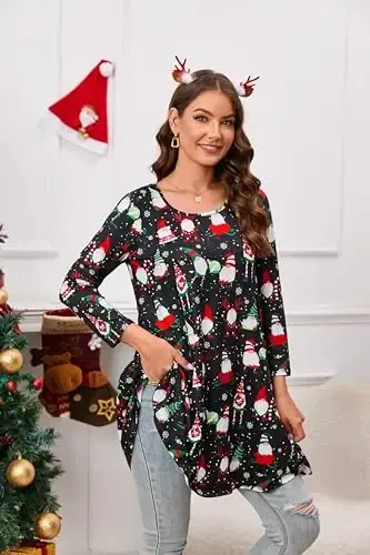 ENMAIN Women's Tops 3/4 Sleeve Dressy Casual Plus Size Tunic Tops to Wear with Leggings Swing Flare T-Shirt Loose Fit Blouses - 3