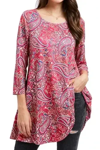ENMAIN Women's Tops 3/4 Sleeve Dressy Casual Plus Size Tunic Tops to Wear with Leggings Swing Flare T-Shirt Loose Fit Blouses 