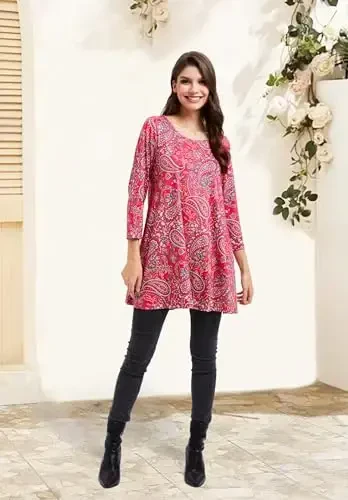 ENMAIN Women's Tops 3/4 Sleeve Dressy Casual Plus Size Tunic Tops to Wear with Leggings Swing Flare T-Shirt Loose Fit Blouses - 6