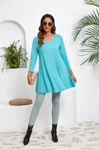 ENMAIN Women's Tops 3/4 Sleeve Dressy Casual Plus Size Tunic Tops to Wear with Leggings Swing Flare T-Shirt Loose Fit Blouses - 5