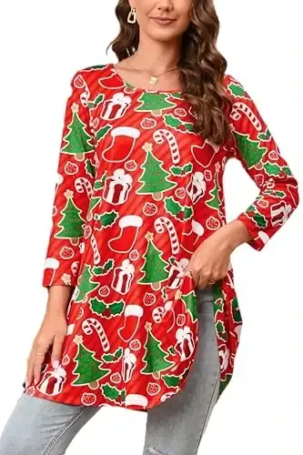 ENMAIN Women's Tops 3/4 Sleeve Dressy Casual Plus Size Tunic Tops to Wear with Leggings Swing Flare T-Shirt Loose Fit Blouses - MODAZONE