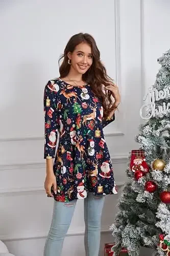 ENMAIN Women's Tops 3/4 Sleeve Dressy Casual Plus Size Tunic Tops to Wear with Leggings Swing Flare T-Shirt Loose Fit Blouses - 2
