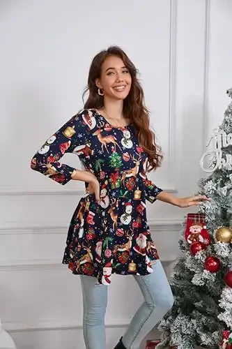 ENMAIN Women's Tops 3/4 Sleeve Dressy Casual Plus Size Tunic Tops to Wear with Leggings Swing Flare T-Shirt Loose Fit Blouses - 3