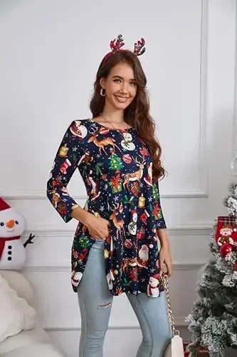 ENMAIN Women's Tops 3/4 Sleeve Dressy Casual Plus Size Tunic Tops to Wear with Leggings Swing Flare T-Shirt Loose Fit Blouses - 4