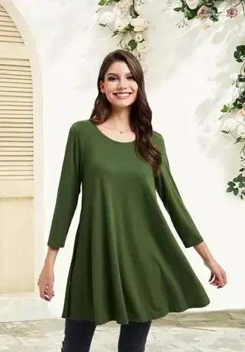 ENMAIN Women's Tops 3/4 Sleeve Dressy Casual Plus Size Tunic Tops to Wear with Leggings Swing Flare T-Shirt Loose Fit Blouses - 3