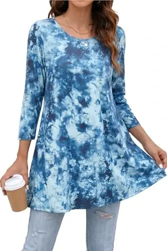 ENMAIN Women's Tops 3/4 Sleeve Dressy Casual Plus Size Tunic Tops to Wear with Leggings Swing Flare T-Shirt Loose Fit Blouses 