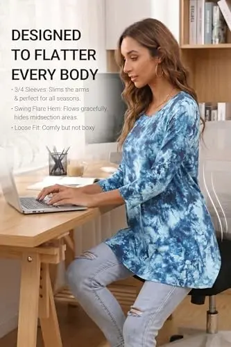 ENMAIN Women's Tops 3/4 Sleeve Dressy Casual Plus Size Tunic Tops to Wear with Leggings Swing Flare T-Shirt Loose Fit Blouses - 3