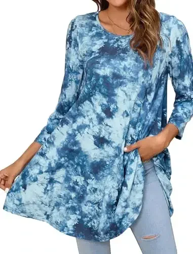 ENMAIN Women's Tops 3/4 Sleeve Dressy Casual Plus Size Tunic Tops to Wear with Leggings Swing Flare T-Shirt Loose Fit Blouses - MODAZONE