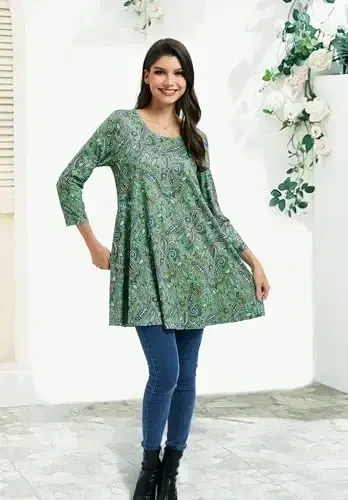 ENMAIN Women's Tops 3/4 Sleeve Dressy Casual Plus Size Tunic Tops to Wear with Leggings Swing Flare T-Shirt Loose Fit Blouses - 6