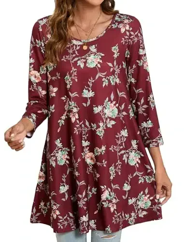 ENMAIN Women's Tops 3/4 Sleeve Dressy Casual Plus Size Tunic Tops to Wear with Leggings Swing Flare T-Shirt Loose Fit Blouses - 1