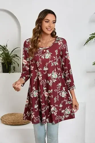 ENMAIN Women's Tops 3/4 Sleeve Dressy Casual Plus Size Tunic Tops to Wear with Leggings Swing Flare T-Shirt Loose Fit Blouses - 4