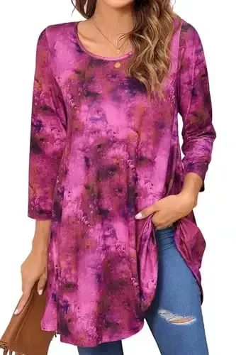 ENMAIN Women's Tops 3/4 Sleeve Dressy Casual Plus Size Tunic Tops to Wear with Leggings Swing Flare T-Shirt Loose Fit Blouses - 1