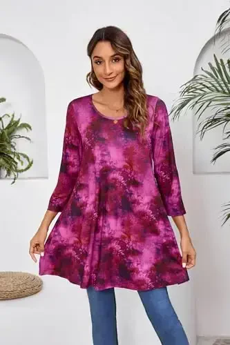 ENMAIN Women's Tops 3/4 Sleeve Dressy Casual Plus Size Tunic Tops to Wear with Leggings Swing Flare T-Shirt Loose Fit Blouses - 2