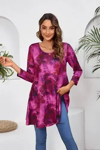 ENMAIN Women's Tops 3/4 Sleeve Dressy Casual Plus Size Tunic Tops to Wear with Leggings Swing Flare T-Shirt Loose Fit Blouses - 3