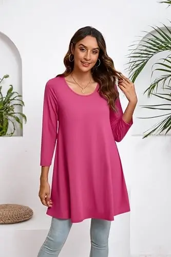 ENMAIN Women's Tops 3/4 Sleeve Dressy Casual Plus Size Tunic Tops to Wear with Leggings Swing Flare T-Shirt Loose Fit Blouses - 2
