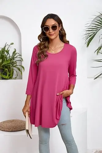 ENMAIN Women's Tops 3/4 Sleeve Dressy Casual Plus Size Tunic Tops to Wear with Leggings Swing Flare T-Shirt Loose Fit Blouses - 4
