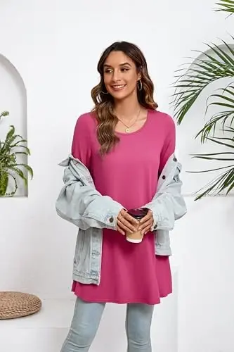 ENMAIN Women's Tops 3/4 Sleeve Dressy Casual Plus Size Tunic Tops to Wear with Leggings Swing Flare T-Shirt Loose Fit Blouses - 5