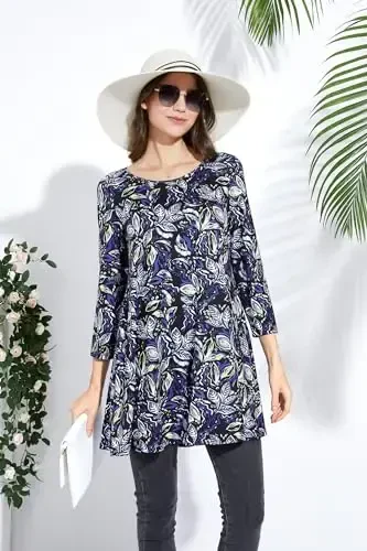 ENMAIN Women's Tops 3/4 Sleeve Dressy Casual Plus Size Tunic Tops to Wear with Leggings Swing Flare T-Shirt Loose Fit Blouses - MODAZONE (1)