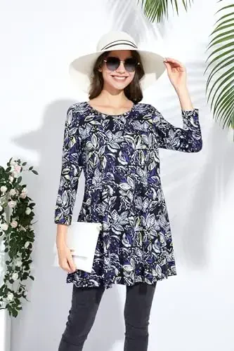 ENMAIN Women's Tops 3/4 Sleeve Dressy Casual Plus Size Tunic Tops to Wear with Leggings Swing Flare T-Shirt Loose Fit Blouses - 3