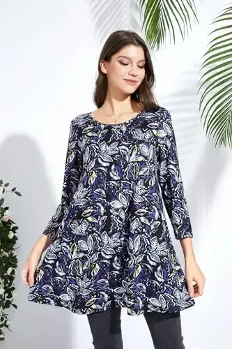 ENMAIN Women's Tops 3/4 Sleeve Dressy Casual Plus Size Tunic Tops to Wear with Leggings Swing Flare T-Shirt Loose Fit Blouses - 4