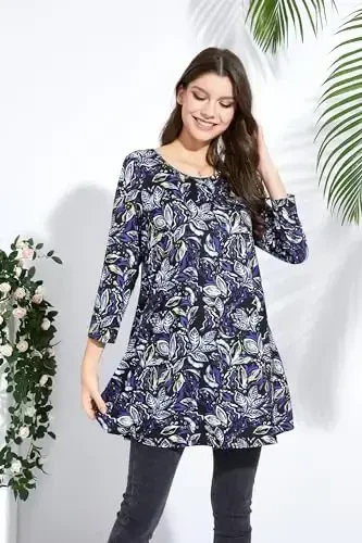 ENMAIN Women's Tops 3/4 Sleeve Dressy Casual Plus Size Tunic Tops to Wear with Leggings Swing Flare T-Shirt Loose Fit Blouses - 5