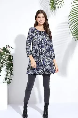 ENMAIN Women's Tops 3/4 Sleeve Dressy Casual Plus Size Tunic Tops to Wear with Leggings Swing Flare T-Shirt Loose Fit Blouses - 6