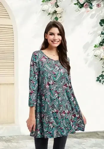 ENMAIN Women's Tops 3/4 Sleeve Dressy Casual Plus Size Tunic Tops to Wear with Leggings Swing Flare T-Shirt Loose Fit Blouses - 2